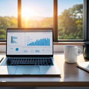 Laptop with charts on a desk by a sunny window