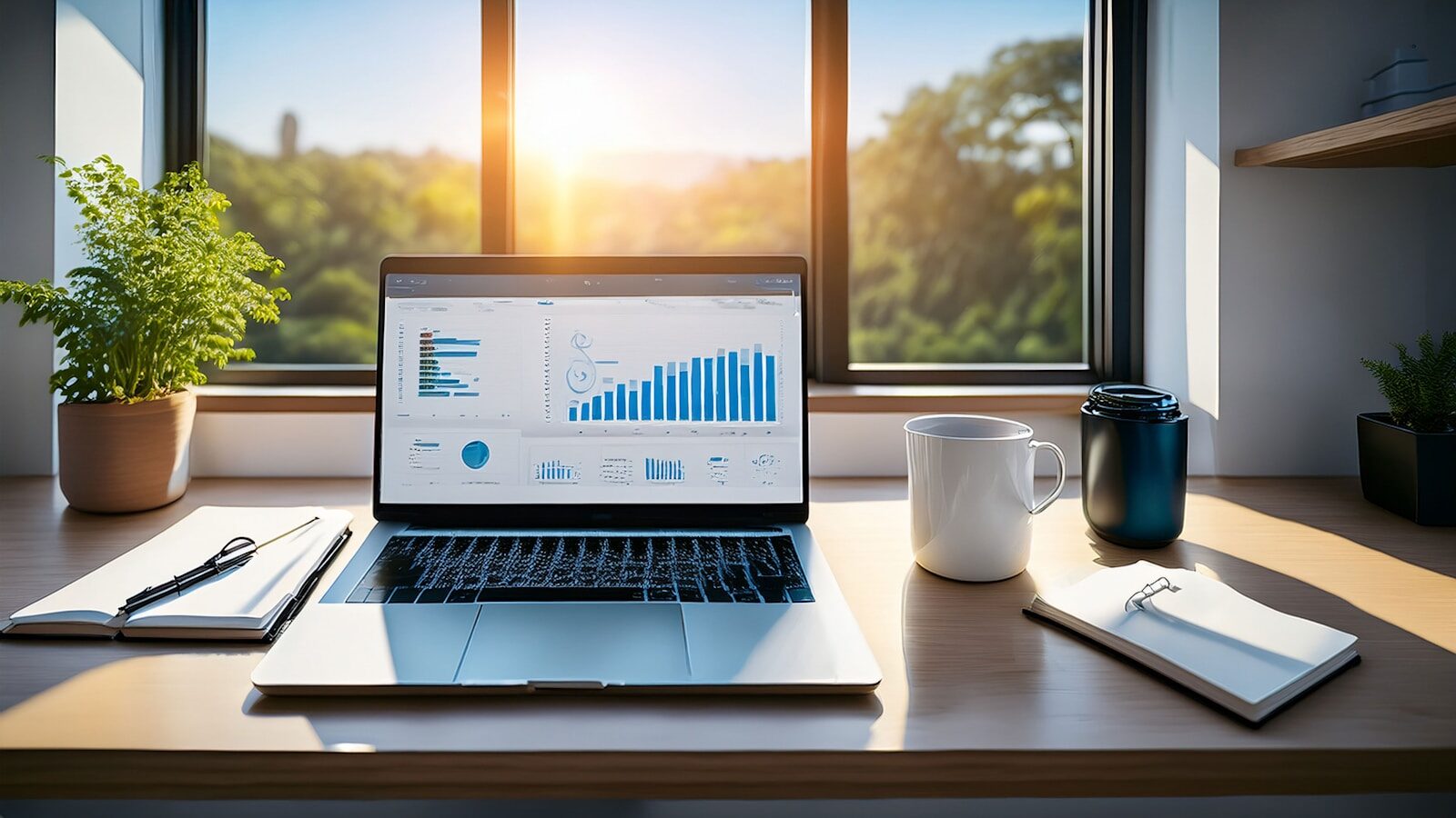Laptop with charts on a desk by a sunny window